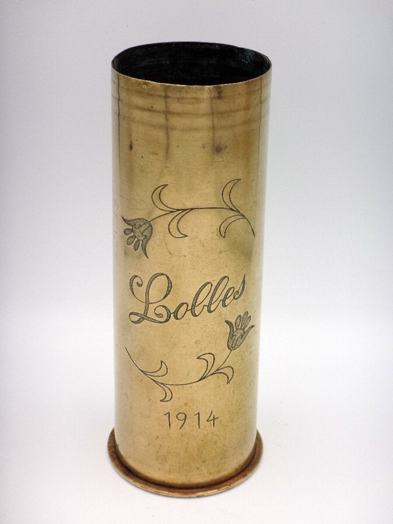 Douille d 'obus gravée LOBBES 1914, Collections, Enlèvement ou Envoi, Armée de terre, Douilles ou Pièces de fouille