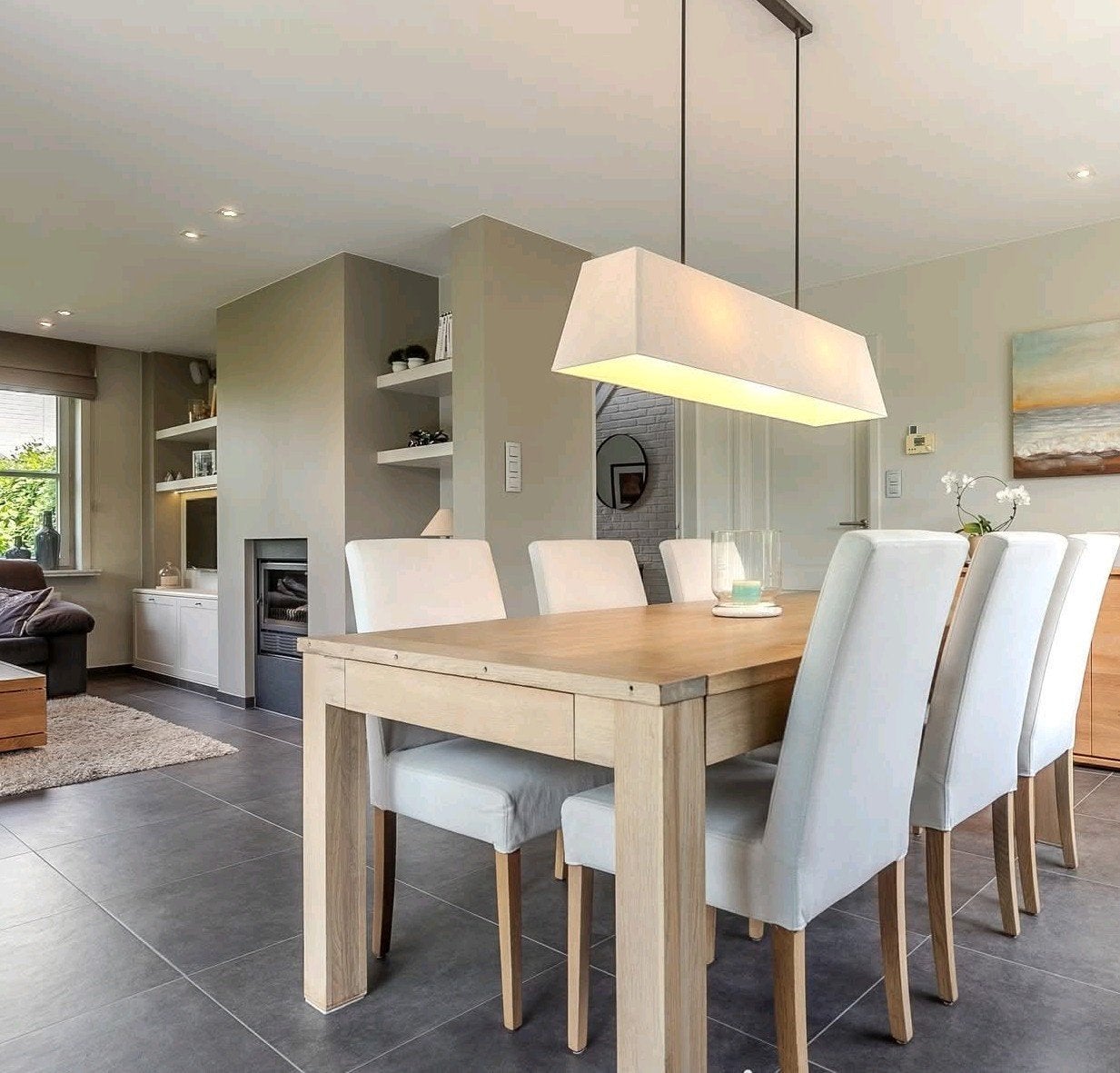 6 eetkamerstoelen Mobitec stoffen zitting, eiken poten, Huis en Inrichting, Ophalen, Landelijk modern, Overige kleuren, Zo goed als nieuw