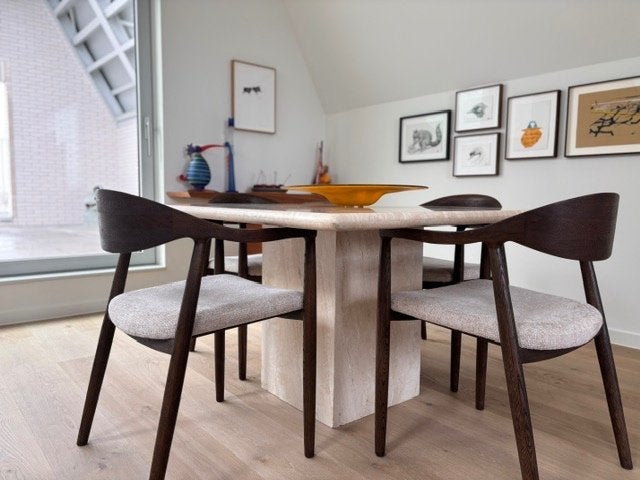 Mooie Travertin eettafel, Huis en Inrichting, Ophalen, Overige materialen, Gebruikt, Vierkant
