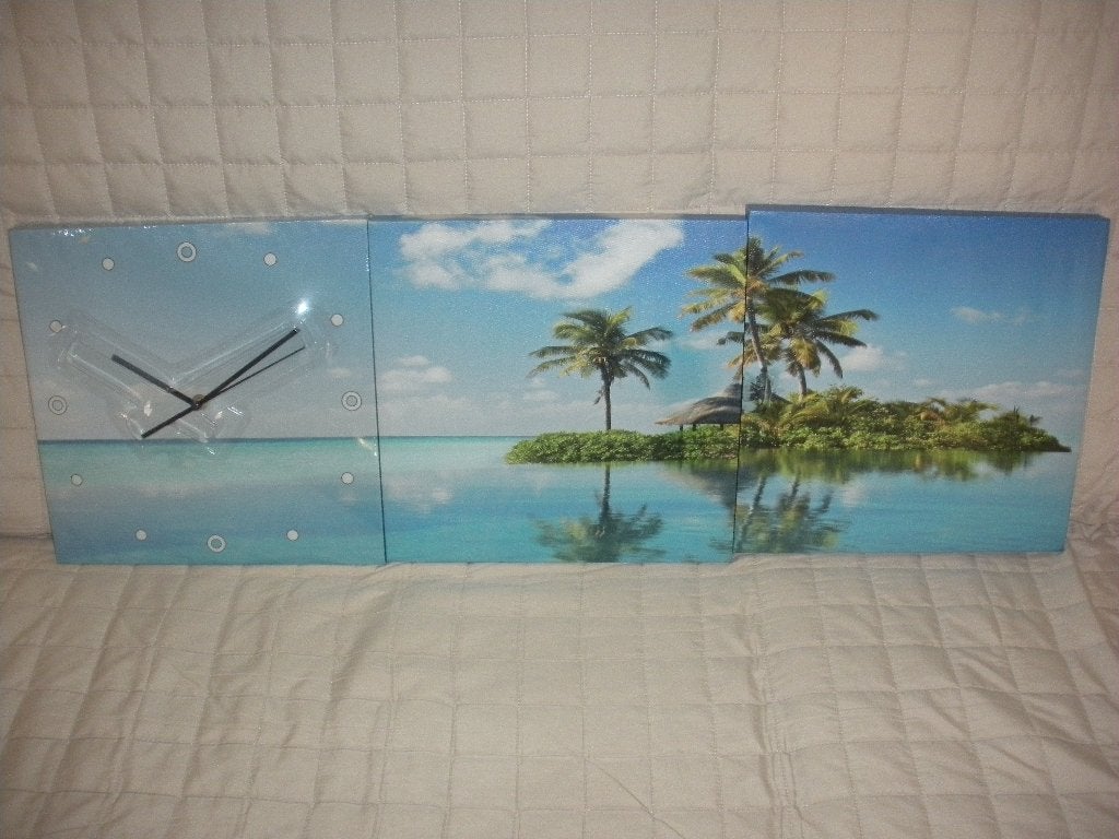 Triptyque tropical (3x30cm/30cm) avec horloge (neuf)., Antiek en Kunst, Op houten frame, Overige technieken, Textiel, Landschap