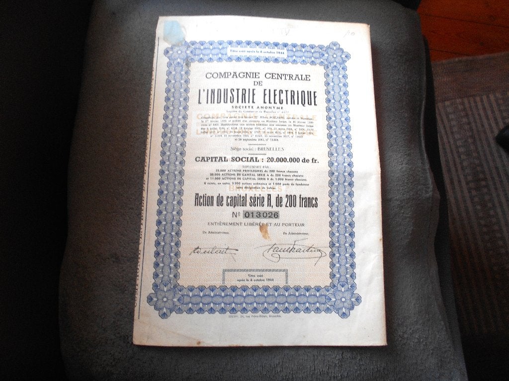 action "Compagnie de l'industrie electrique " Bruxelles 1941, Postzegels en Munten, Aandelen en Waardepapieren, Ophalen of Verzenden