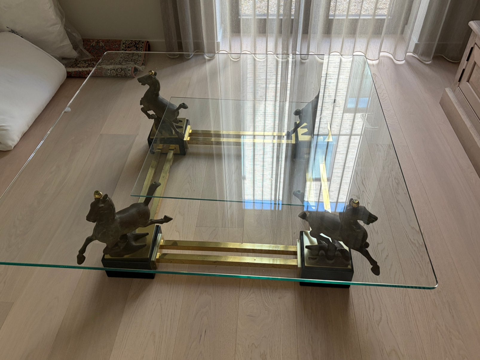 Glazen salontafel met brons metaal en bronzen paarden!, Ophalen, Rechthoekig