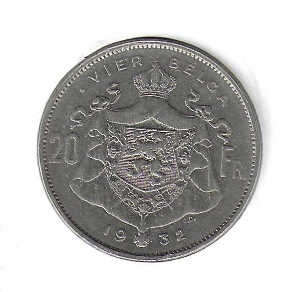 België, 20 Frank (Vier Belga) 1932 VL, pos. A., Ophalen of Verzenden, Overig, Losse munt