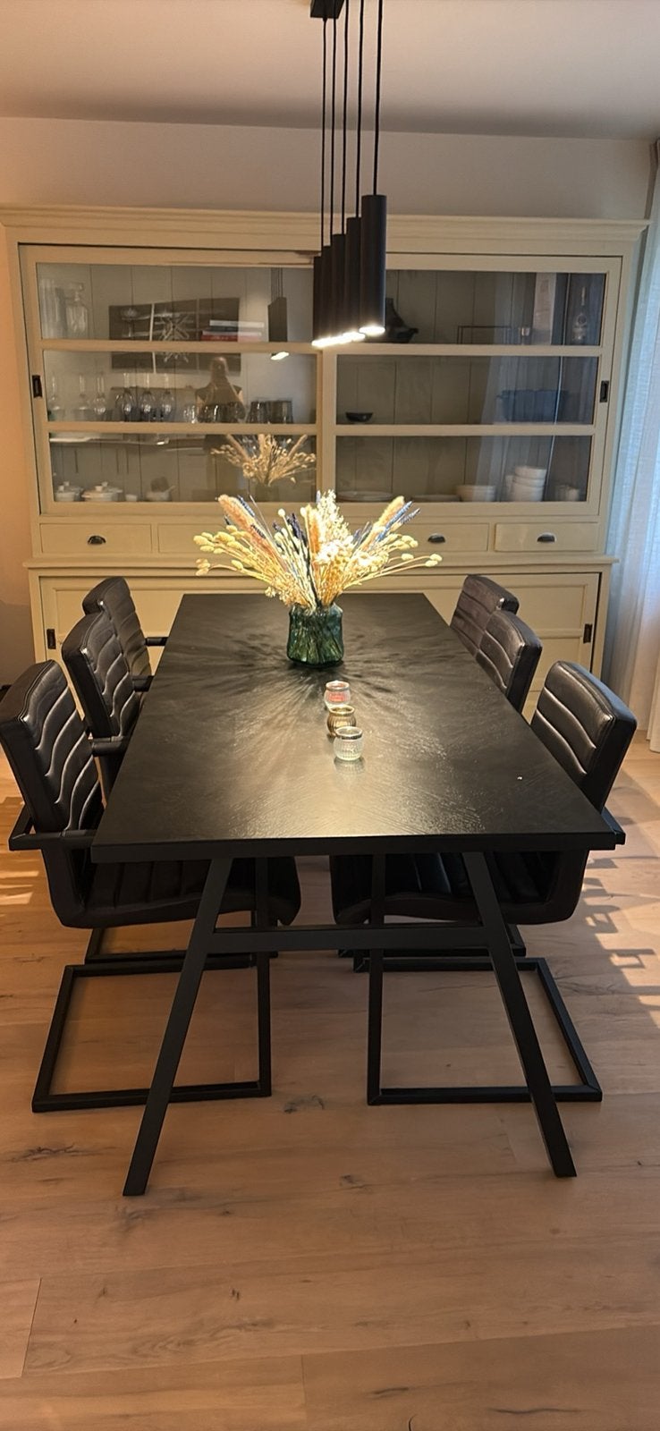 6 lederen eetkamerstoelen te koop, Maison & Meubles, Chaises, Enlèvement, Cuir, Industrieel, Noir