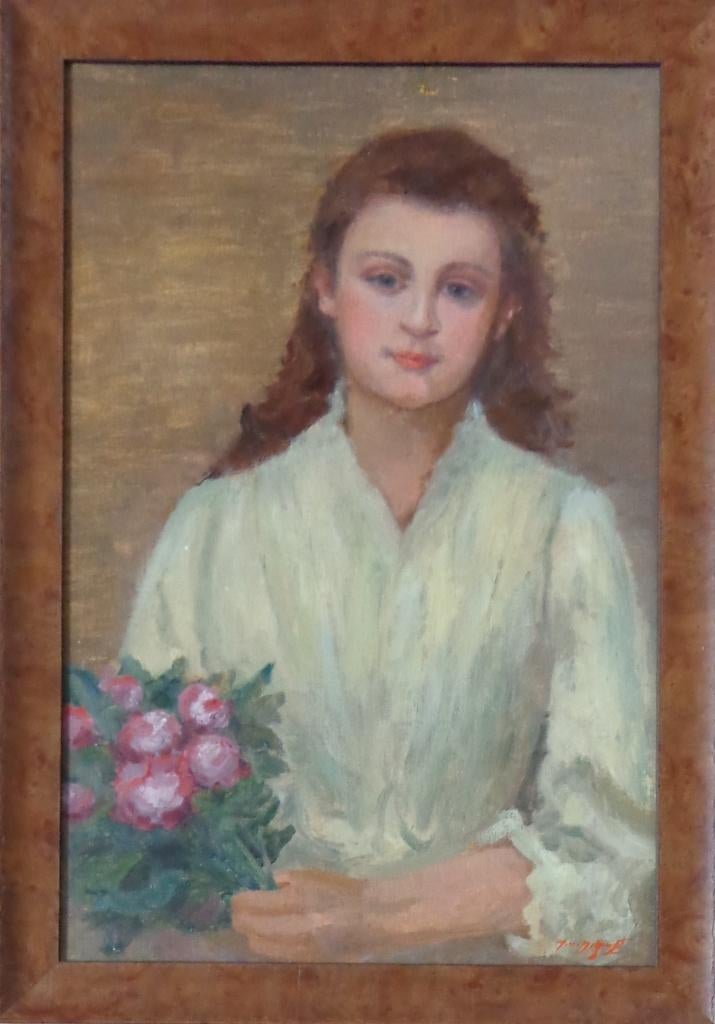 ONLEESBAAR / VROUW MET BLOEMEN / OLIEVERF / 67x47cm / KADER, Enlèvement ou Envoi, Signé, Peinture à l'huile, Fleurs