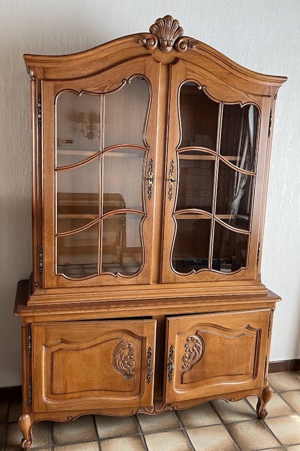 Houten massief eiken vitrinekast, Ophalen, Zo goed als nieuw, Eikenhout, Met deur(en)