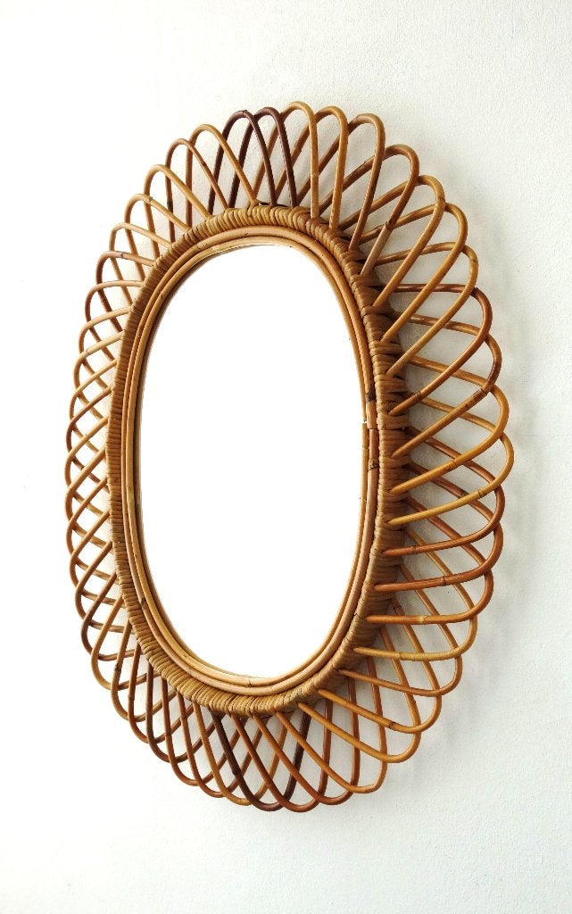 Vintage bamboe spiegel ovaal Wicker rotan XXL Franco Albini, Ophalen, Gebruikt, Ovaal