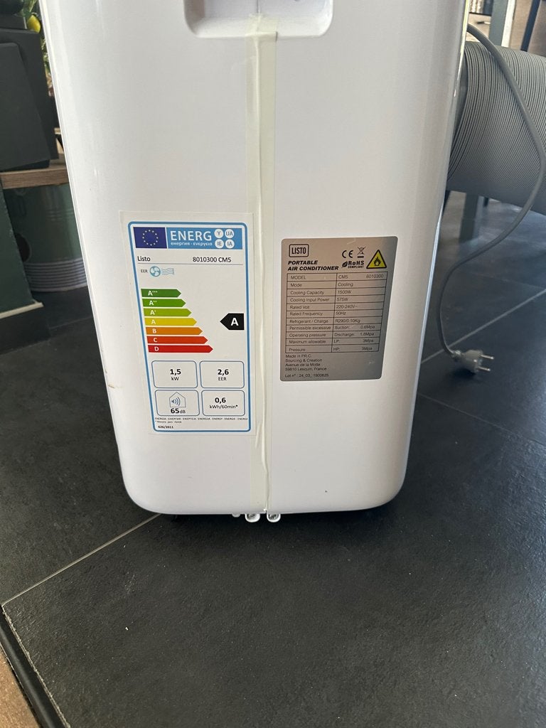 Climatiseur portable Listo 1,5KW, Electroménager, Refroidissement et Déshumidification, Classe énergétique A ou plus économe, Moins de 60 m³