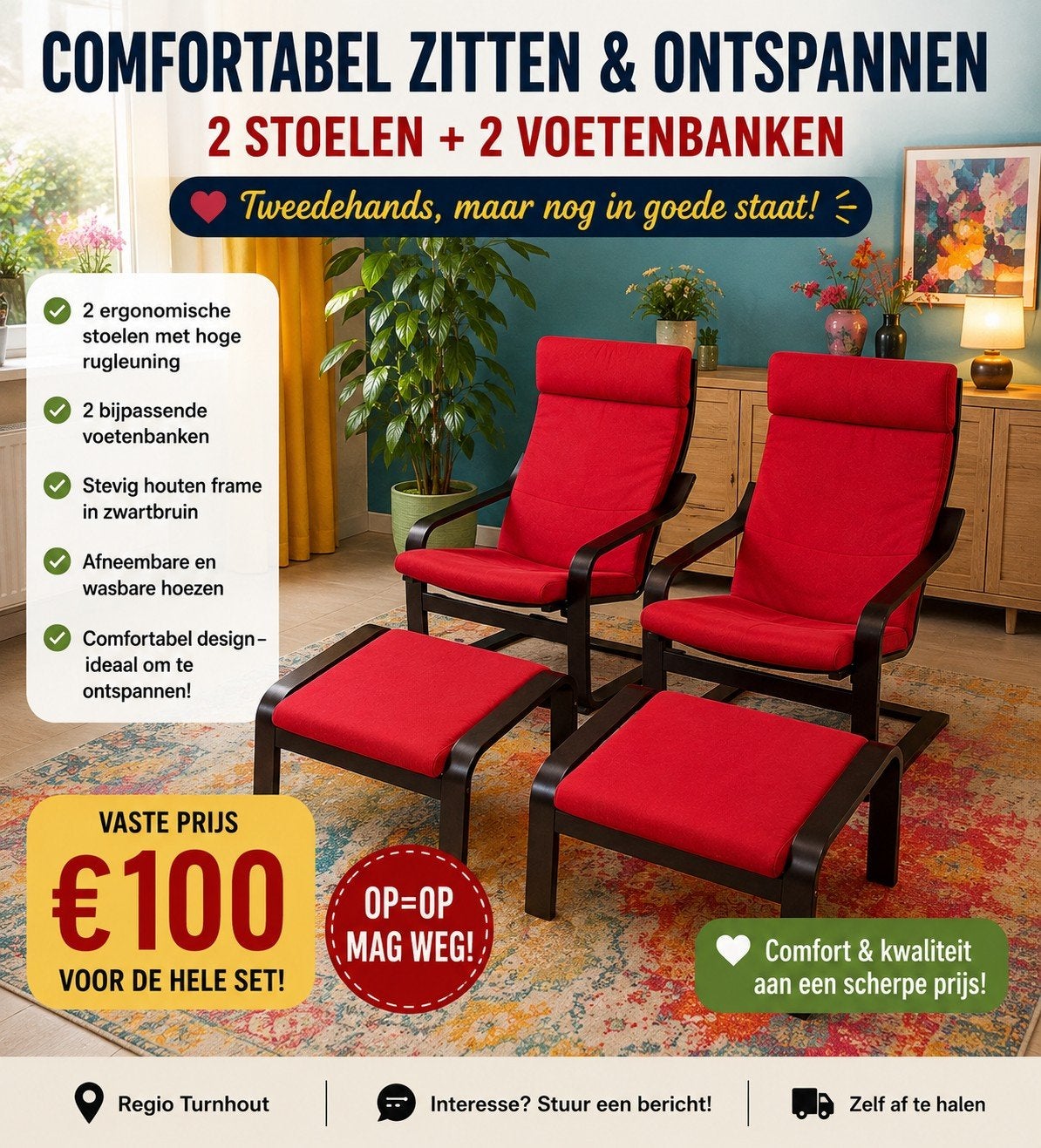 Schommelstoel met voetenbank, Huis en Inrichting, Stoelen, Ophalen, Zo goed als nieuw, Rood, Twee