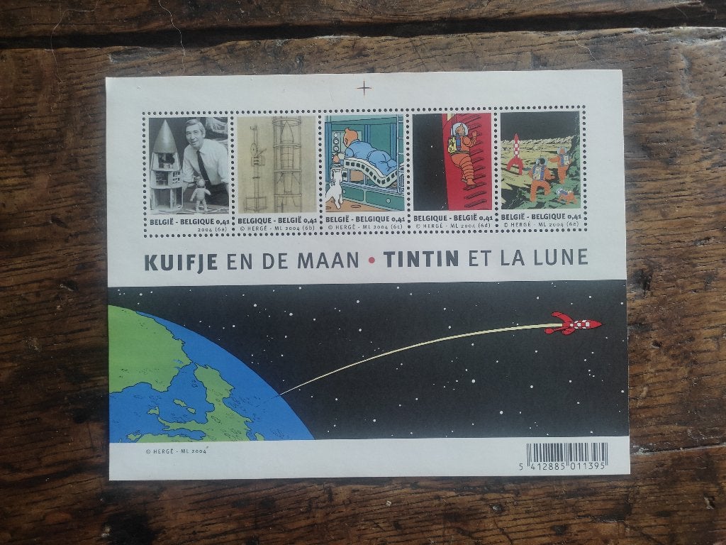 Hergé : 1 feuillet de timbres ''Tintin et la lune" (2004)., Envoi, Tintin, Neuf, Image, Affiche ou Autocollant