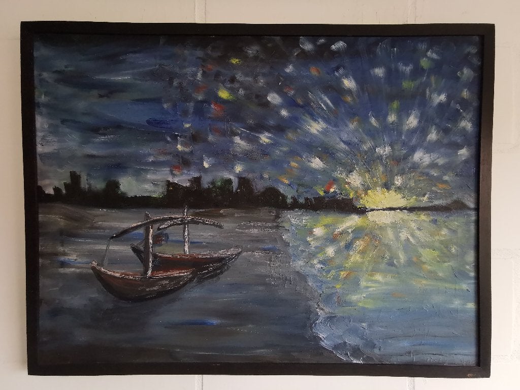 bootjes op het strand - olieverf, Antiek en Kunst, Ophalen, Handgeschilderd, Olieverf, Landschap