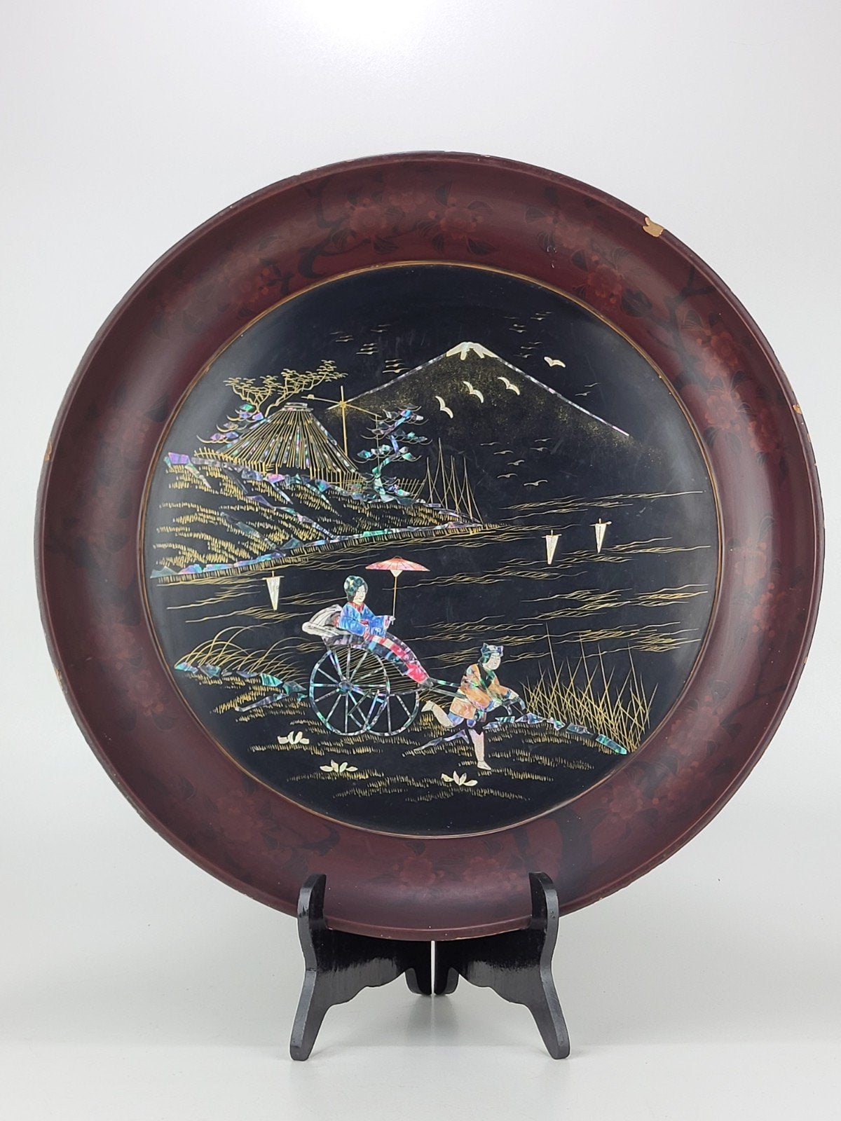 Plat japonais en laque Meiji avec illustration perlée « 45,5, Enlèvement ou Envoi, Bois
