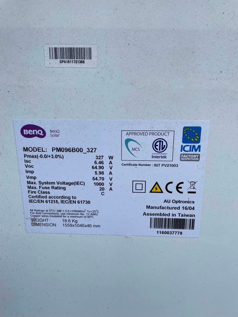Zonnepanelen BenQ Solar PM096B00_327 – 8 panelen, Enlèvement, Utilisé, Panneau, 200 watts-crêtes ou plus