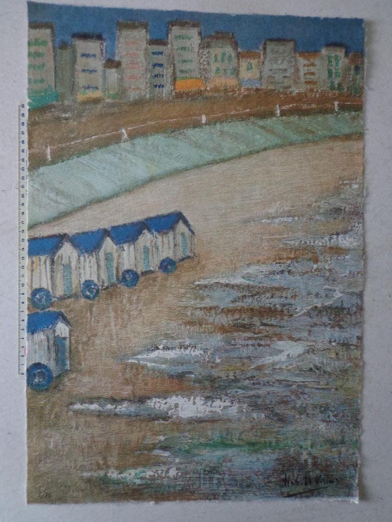 litho Hubert De Vries "Belgische kust met strandcabines", Ophalen of Verzenden