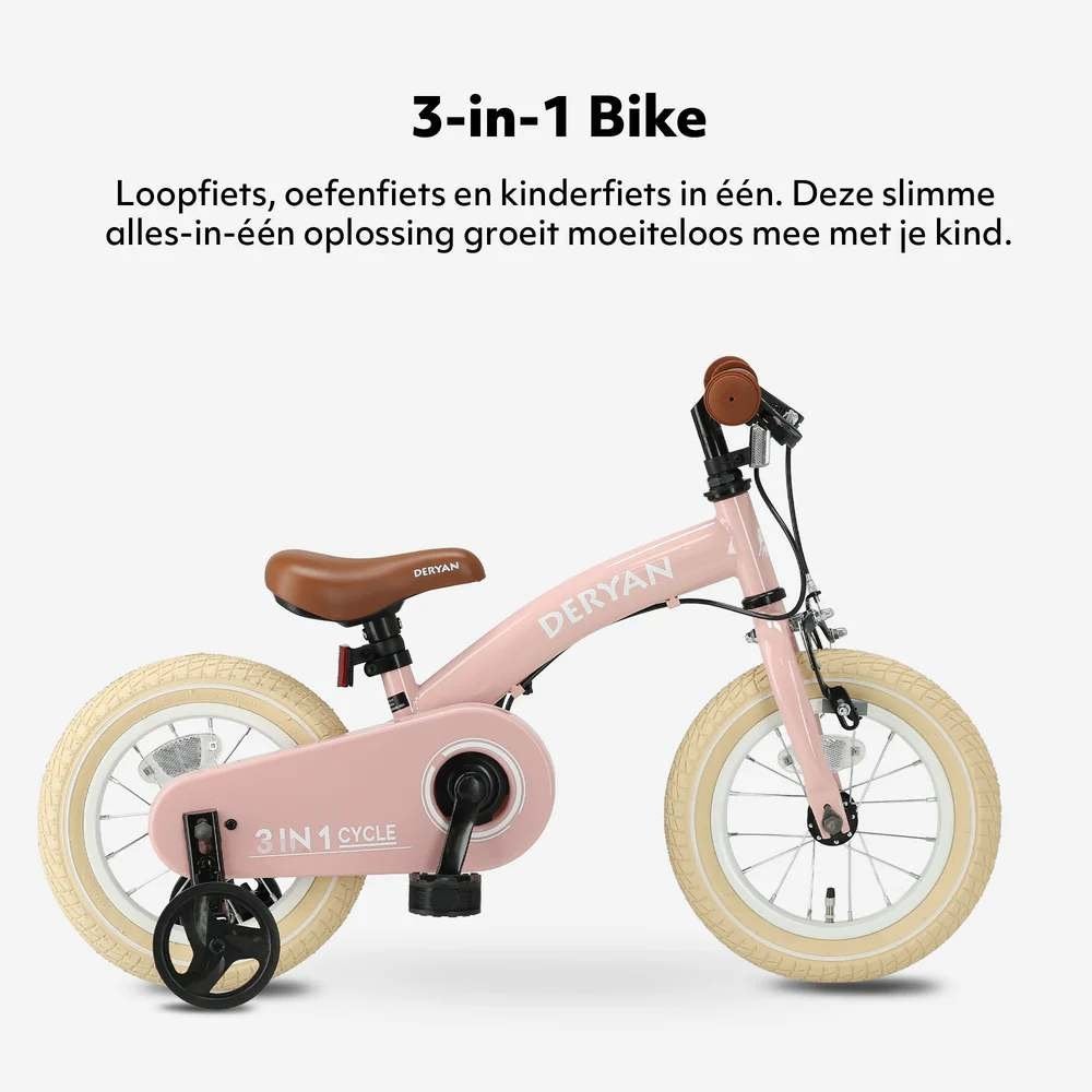 DERYAN 3-in-1 Kinderfiets 12 inch – Loopfiets en Fiets Roze, Ophalen of Verzenden, Zo goed als nieuw