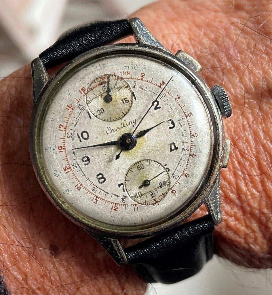 BREITLING vintage chronograaf horloge, Handtassen en Accessoires, Ophalen, Staal, Polshorloge, Leer