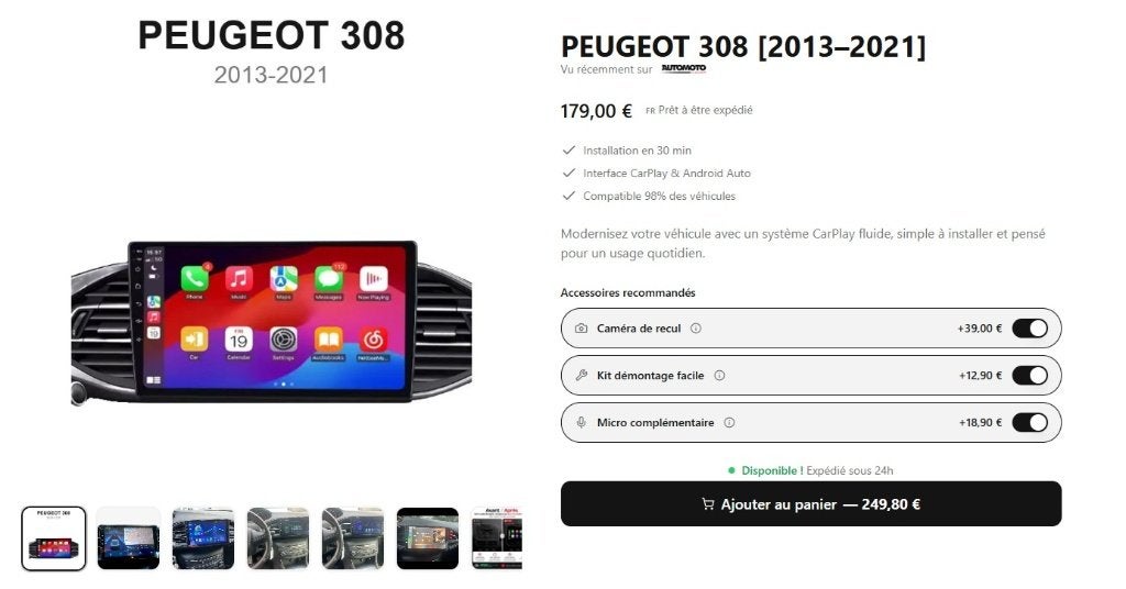 Carplay pour Peugeot 308 de 2013 à 2021 + Caméra de recul, Autos : Divers, Enlèvement, Neuf
