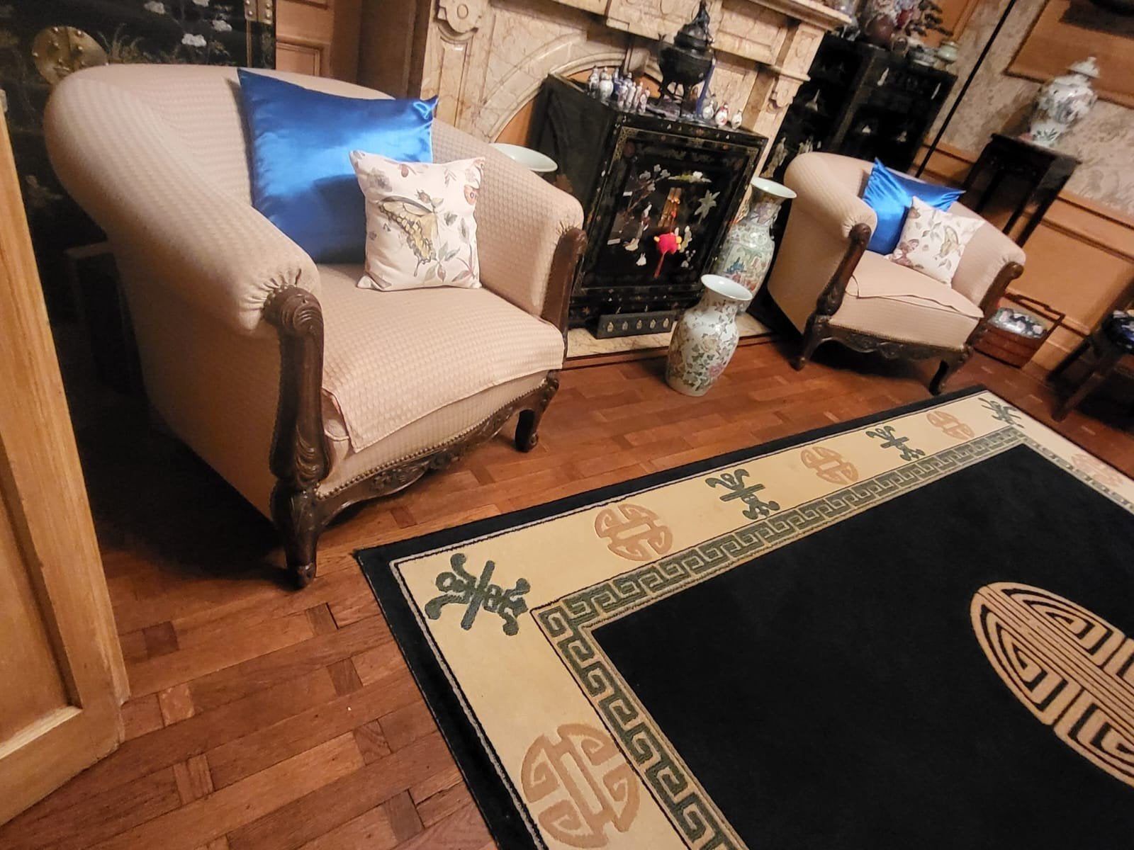 salon d'un hôtel de maître en bois,tissu blanc ivoire 5 pcs., Moins de 75 cm, Banc d'angle, Quatre personnes ou plus, Moins de 150 cm