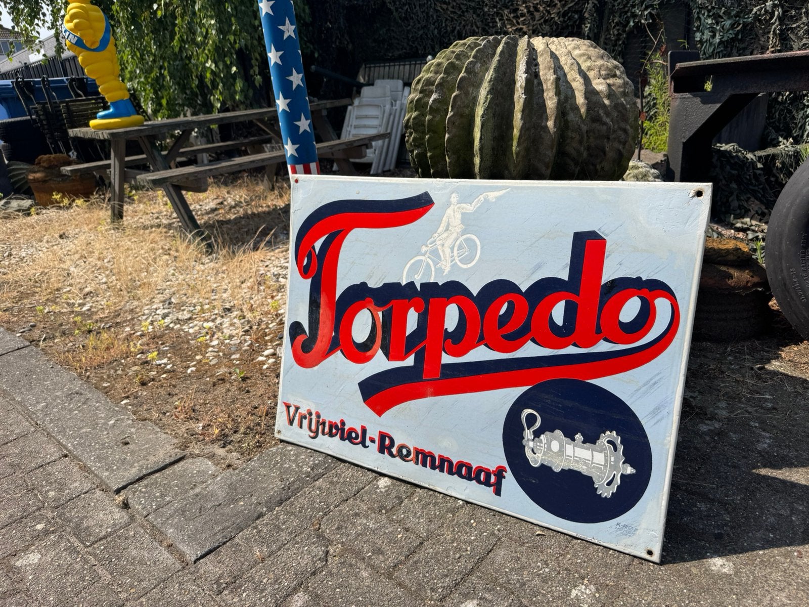 Grand panneau d'affichage en émail Torpedo, Collections, Enlèvement, Utilisé, Panneau publicitaire