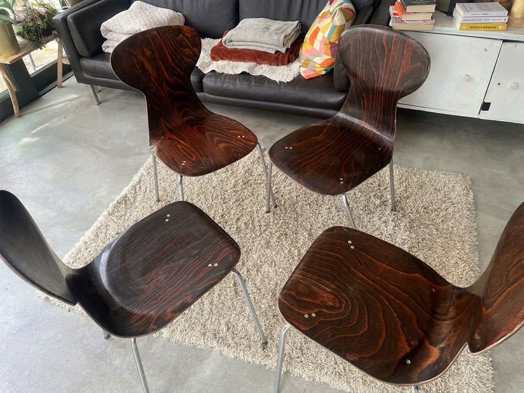 Set van 5 mooie vintage stoelen in gebogen hout, Ophalen, Gebruikt, Bruin, Vlinderstoel Fritz Hansen stijl