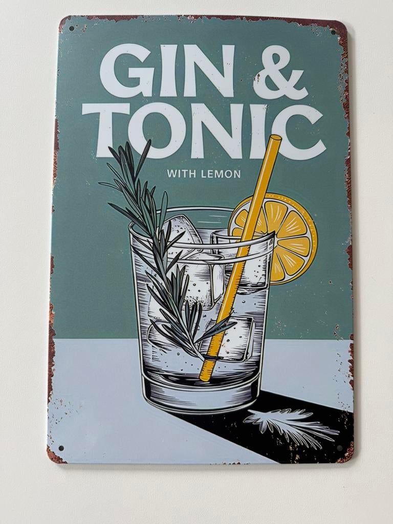 Panneau d'affichage en métal Gin & Tonic, Collections, Marques & Objets publicitaires, Comme neuf, Panneau publicitaire, Enlèvement ou Envoi