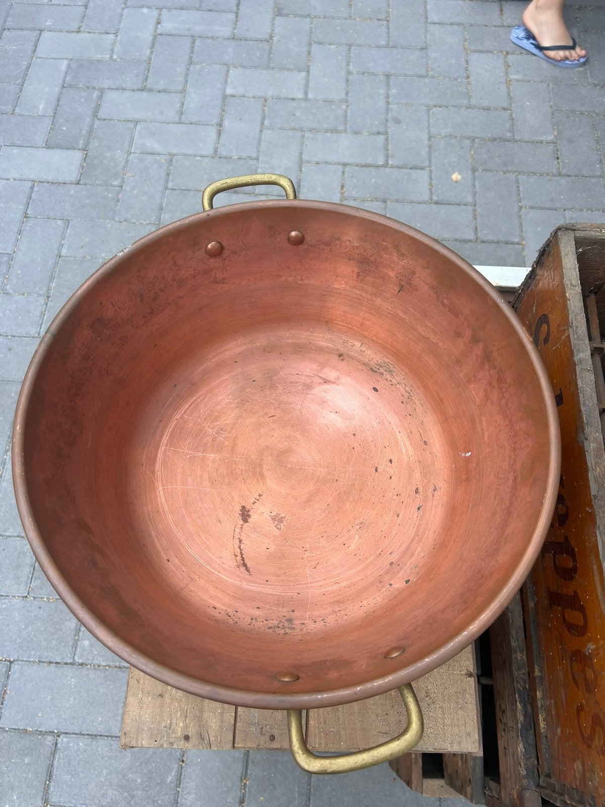 Grote authentieke  koperen kookpan messing handgrepen, Ophalen, Koper