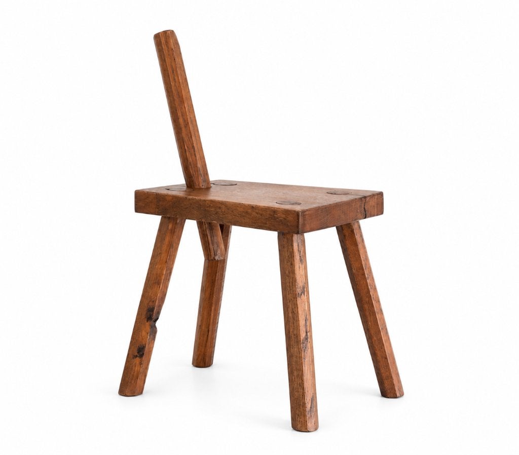 Vintage handgemaakt houten melkkrukje brutalistische stijl, Antiek en Kunst, Ophalen of Verzenden