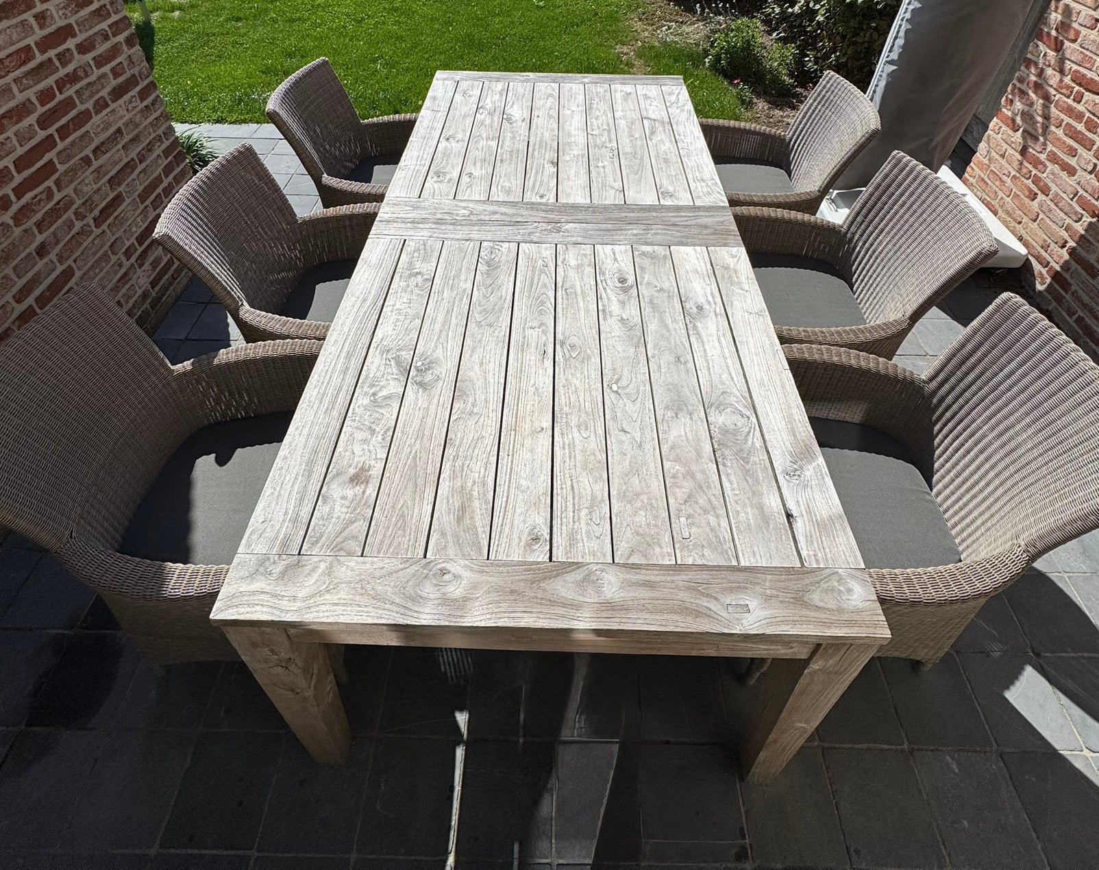 Eiken tuintafel en 6 stoelen met kussens, Jardin & Terrasse, Ensembles de jardin, Salons de jardin, Enlèvement, Utilisé, Bois