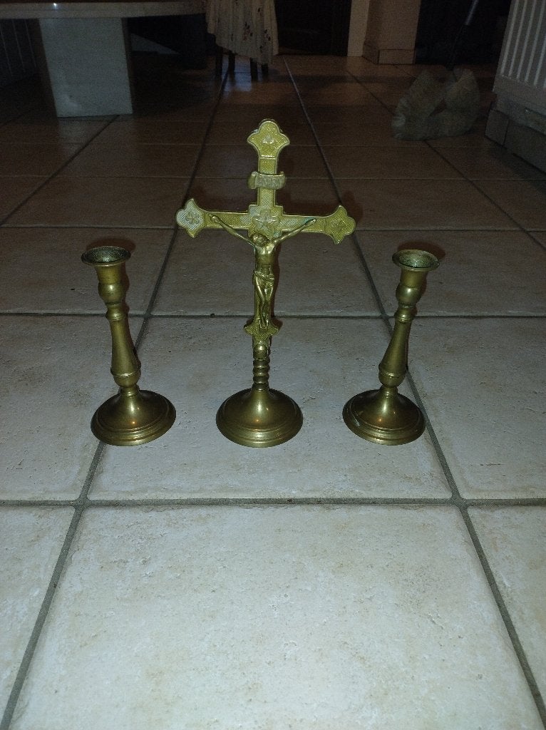 Koperen kruis met 2 kandelaars, Antiek en Kunst, Ophalen, Koper