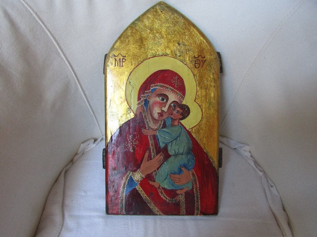 Ancienne icône de la Vierge Marie et l'Enfant Jésus, Portrait ou Personnes, Enlèvement ou Envoi, Autres techniques, Panneau