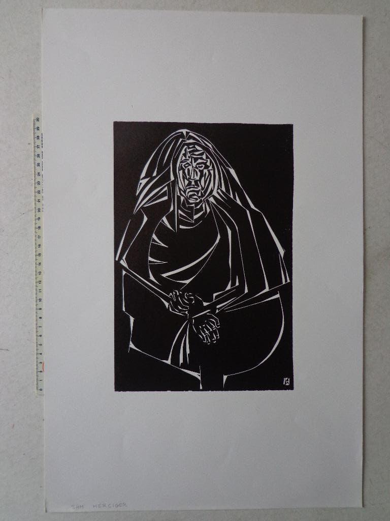 hout- of linosnede van Sam Herciger "Oude vrouw", Antiek en Kunst, Kunst | Etsen en Gravures, 1950 - 1999, Portret, Ophalen of Verzenden