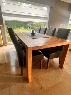 tafel + stoelen, Huis en Inrichting, Ophalen, Teakhout, 200 cm of meer, 50 tot 100 cm