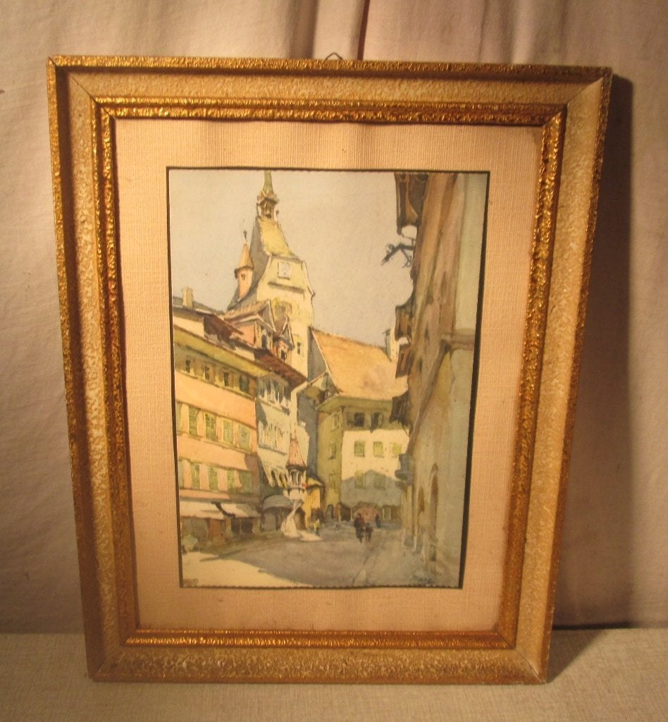 Belle aquarelle peinte à l'ancienne « Dans la ville » - Marc, Enlèvement ou Envoi