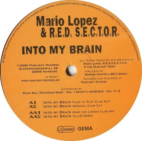 Mario Lopez & R.E.D. S.E.C.T.O.R. - Into My Brain, Enlèvement ou Envoi, Utilisé, 12 pouces, Trance