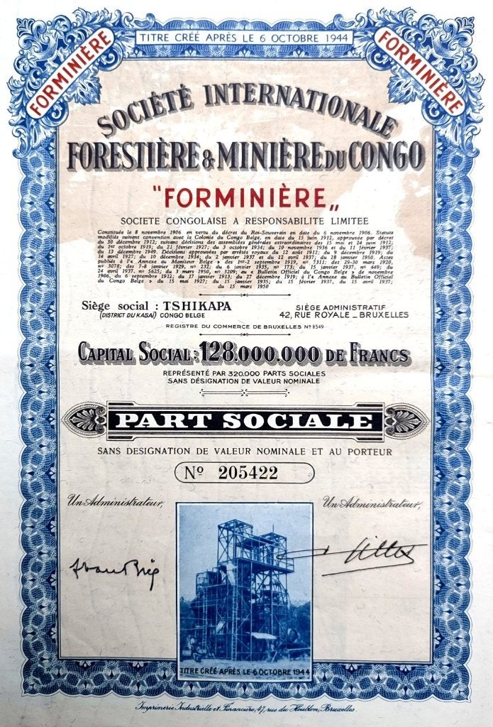 Société internationale forestière et minière du Congo 1950, Timbres & Monnaies, Enlèvement ou Envoi, 1920 à 1950, Action
