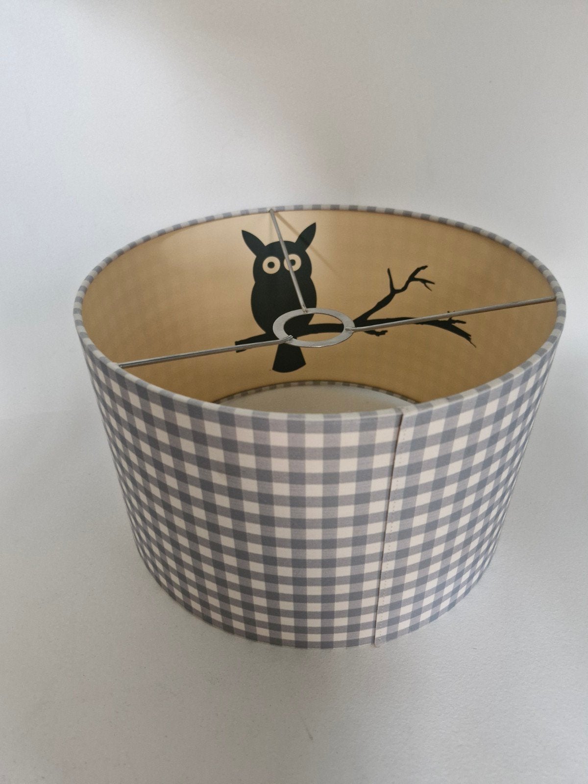 Lampenkap grijs wit geruit met uil – kinderkamer – Ø 31 cm, Ophalen of Verzenden, Grijs