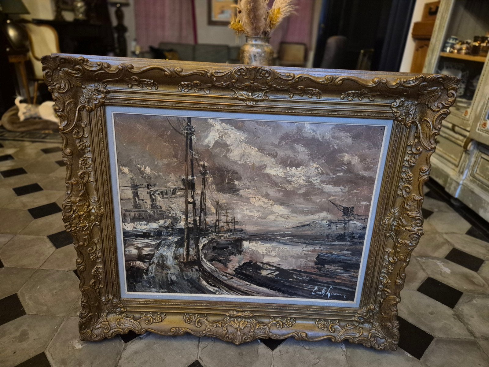 Emil Lammers Havenzicht Olieverf op doek in kader., Peinture à l'huile, Enlèvement, Toile, Maritime / eau