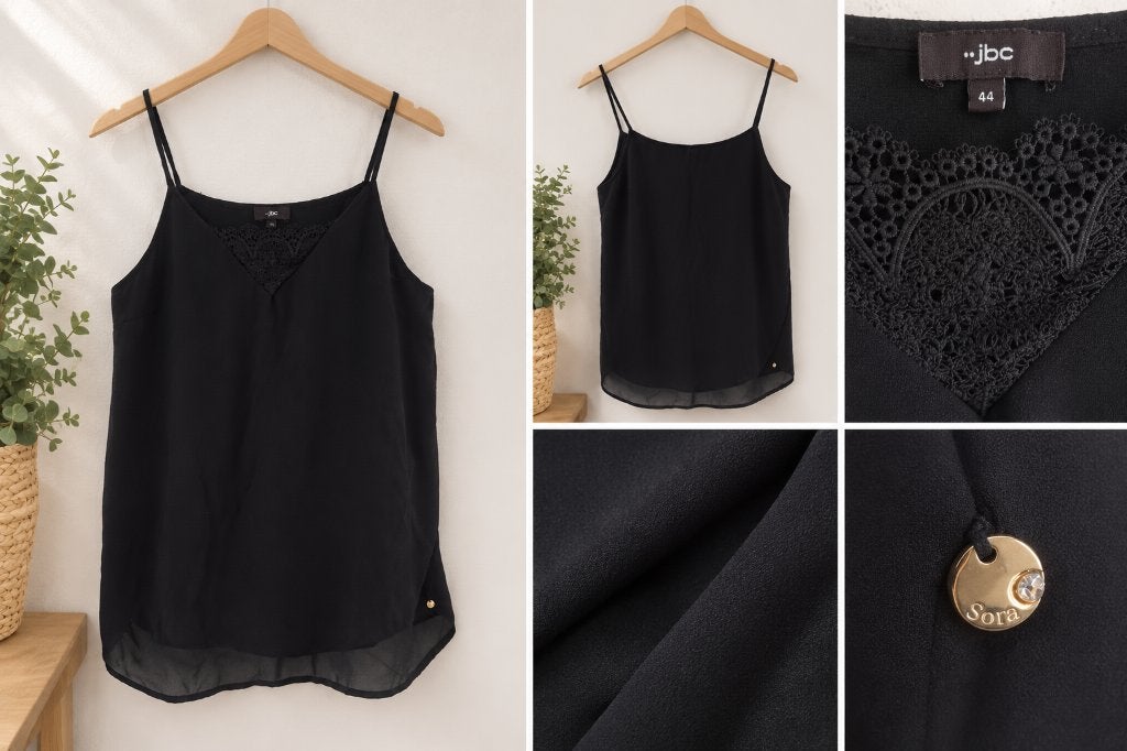 JBC zwarte tanktop met kant — Maat 44 — Zeer goede staat, Kleding | Dames, Verzenden, Zo goed als nieuw, Zonder mouw, Zwart
