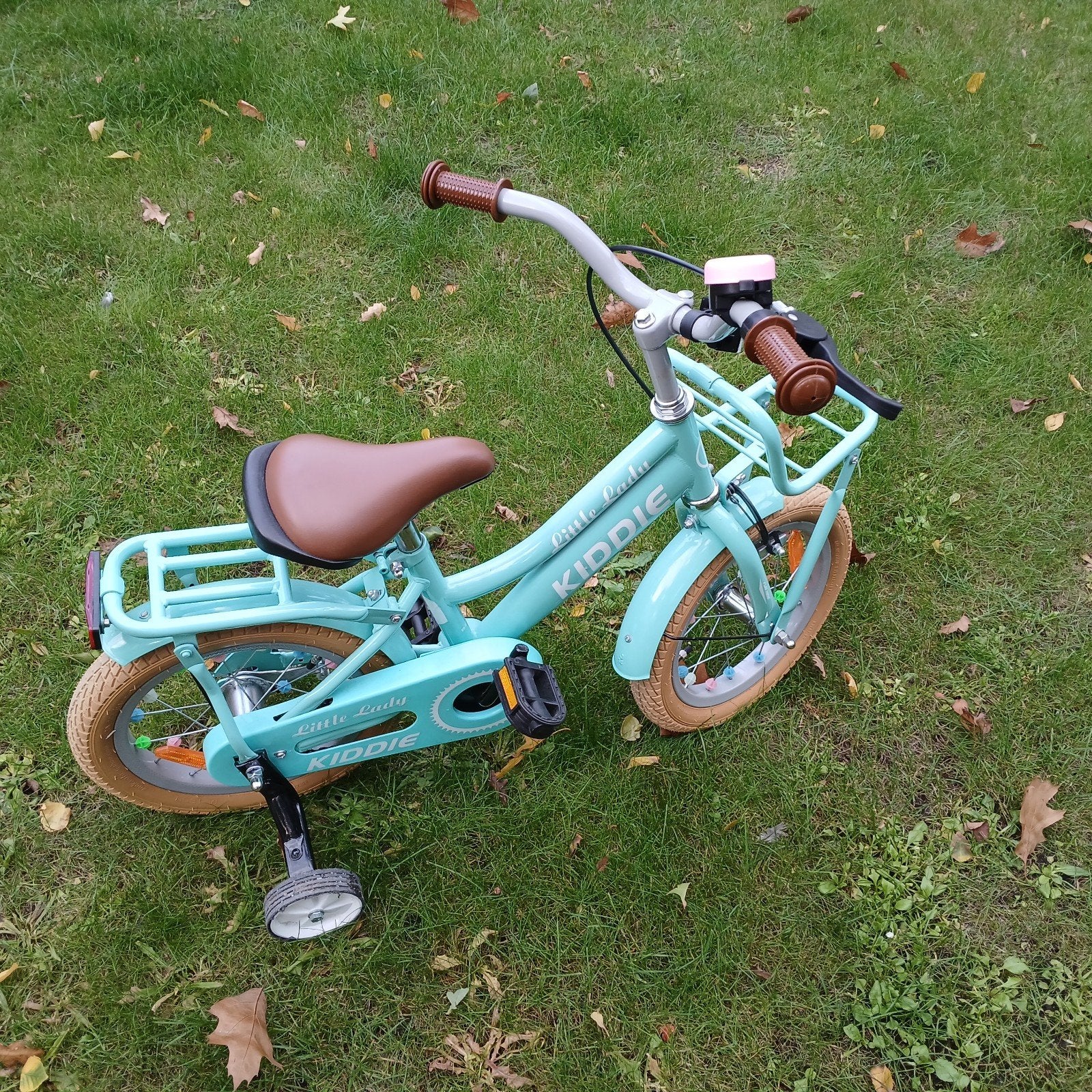 Kiddie Little Lady 14 inch mintgroen - met zijwieltjes + rek, Ophalen, Zo goed als nieuw, Kiddie, Zijwieltjes
