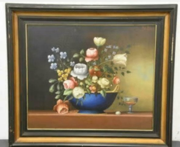huile sur panneau ‘fleur’ signe carl prevot, Antiquités & Art, Enlèvement ou Envoi, Panneau