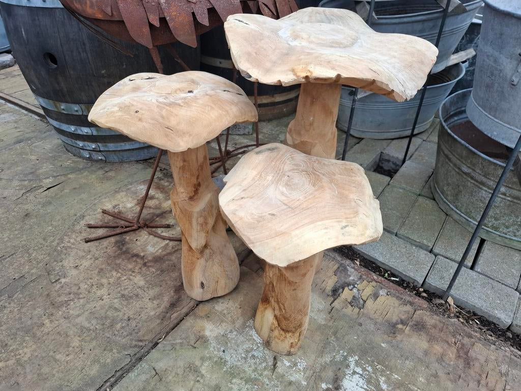 TEAK  houten paddestoelen set grote maat!  3 stuks!  TOPPER, Tuin en Terras, Tuinbeelden, Ophalen