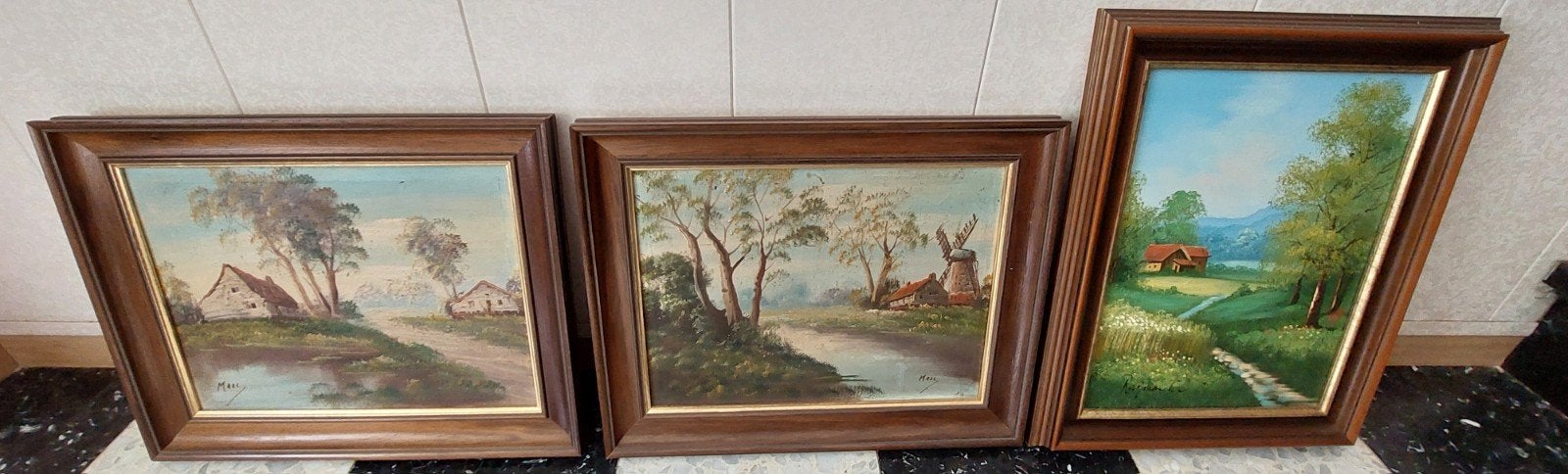 Set van 3 klassieke landschapschiderijen, Ophalen, Gesigneerd, Olieverf, Paneel