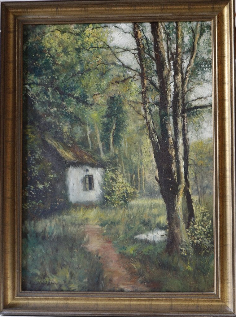 Hans Klein: Boshuisje (olieverf op doek), Antiek en Kunst, Ophalen, Doek, Gesigneerd, Olieverf