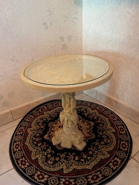 Rond tafeltje in nepivoor met glazen blad / 50 cm, Huis en Inrichting, Minder dan 55 cm, Rond, Zo goed als nieuw, Ophalen