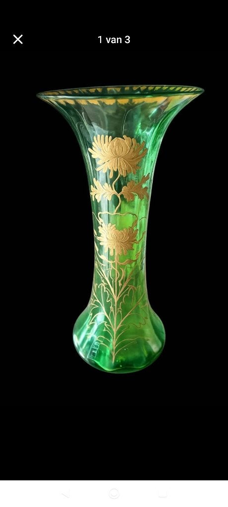Art-nouveau kristal dennengroene vaas, Ophalen, Zo goed als nieuw, Kristal, Overige typen