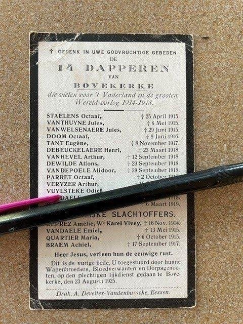14-18BOVEKERKE/DIKSMUIDE 14 GESNEUVELDE  SOLDATEN /4 BURGERS, Verzamelen, Bidprentjes en Rouwkaarten, Ophalen of Verzenden, Bidprentje