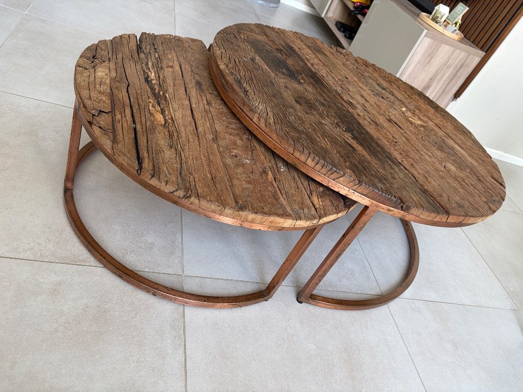 Salontafel metaal frame + hout, Huis en Inrichting, Ophalen, Gebruikt, Rond, 50 tot 100 cm