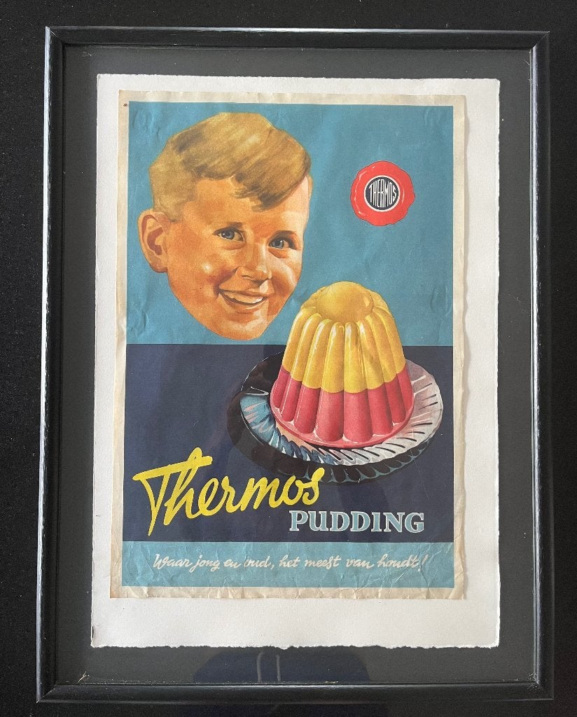 Vintage reclameposter Thermos pudding, professionele lijst., Verzamelen, Ophalen of Verzenden