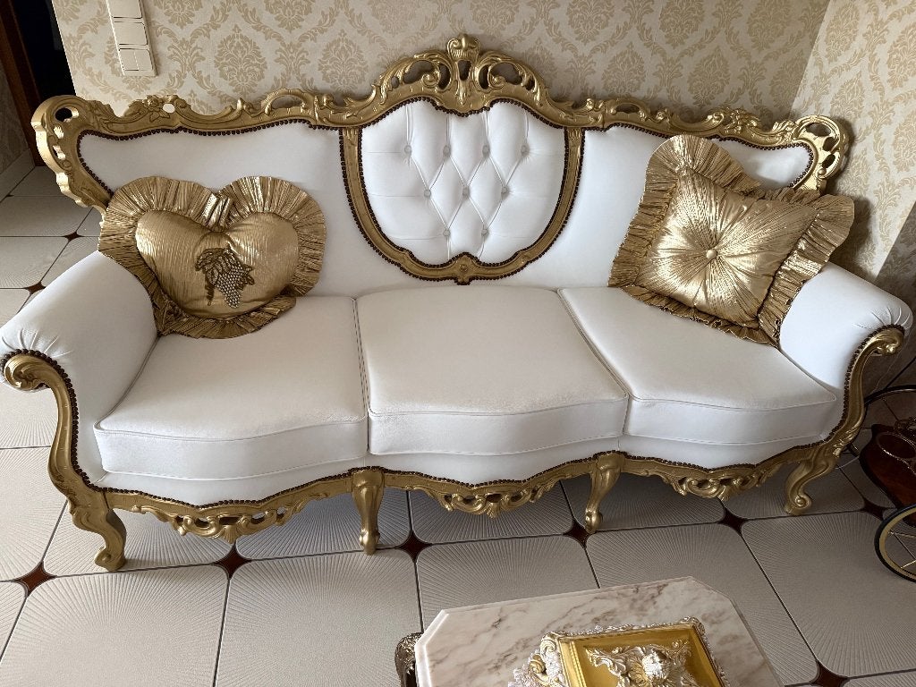 Prachtige barok salon 3-1-1 wit leder met verguld, Huis en Inrichting, Ophalen, Nieuw, Hout, Barok