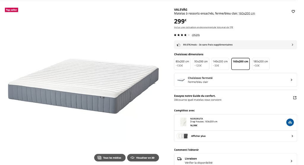 Matelas IKEA VALEVAG 160x200 (moins d'un an), Matelas, Enlèvement, Utilisé, 200 cm
